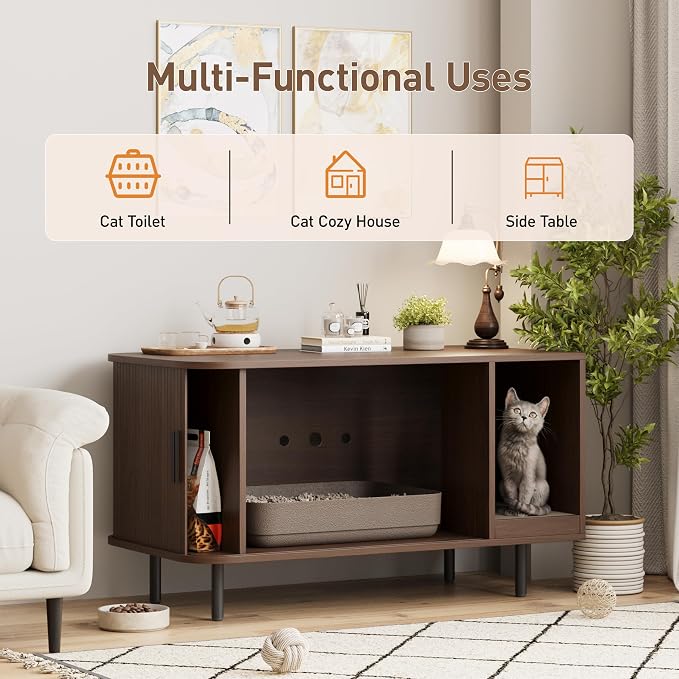 Halitaa 37.4" Cat Litter Box Enclosure with Scratch Pad, Sliding Door | Litter Box Enclosure Furniture Hidden Litter Box, Modern Indoor Cat House, TV Stand, Side End Table for Living Room, Walnut