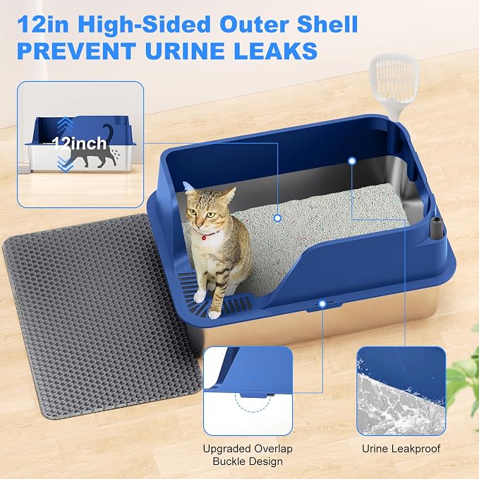 Non-Stick Stainless Steel Litter Box, XL Side Open Splash-Proof (Blue) | Leak-Proof Seamless Seal, Ellenpent Large Capacity, Cat Litter Box with Lid for Multi-Cats, Easy-Clean & Durable