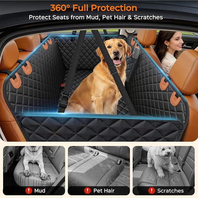 URPOWER Dog Car Seat Cover for Back Seat, Waterproof Hammock for Car & SUV | 600D Oxford, Side Flaps with Zippers, Scratch Resistant, Non-Slip, Easy Install, Machine Washable, Dog Seat Belt Included
