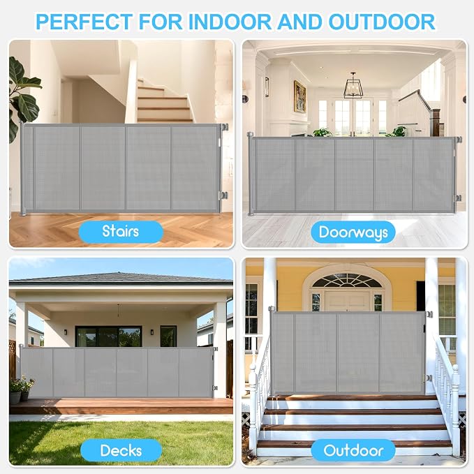 EZIGO 120 Inch Retractable Baby Gates, 41 Inch Extra Tall Retractable Gate | Reinforced Retractable Dog Gate with Rods, 10 FT Extra Long Mesh Pet Gate for Stairs Hallways Doorway Indoor Outdoor, Gray