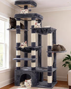 Heybly Cat Tree, 71-Inch Tall Cat Tower for Large Maine Coon Cats HCT037G | Cat Condo Furniture with Extra-Large Baseboard, Multi-Level Platforms, 2 Hammocks and 12 Scratching Posts, Smoky Gray