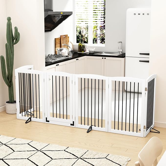 PUPETPO Freestanding Pet Gate with Door, Tall Dog Gate for House, Dog Gates for the House Extra Wide, Pet Puppy Safety Fence, Support Feet Included, 120 Inch Wide, 6 Panels 32" Tall, White & Black