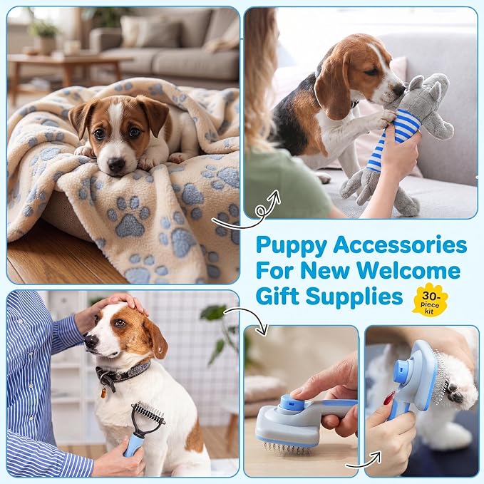 30 Pcs Puppy Supplies Starter Kit for Small Dogs Essentials No Pull Dog Harness, Collar, Leash Set, Toys, Water Bottle, Pet Grooming Kit, Puppy Accessories for Welcome Gift (Blue,Elephant)