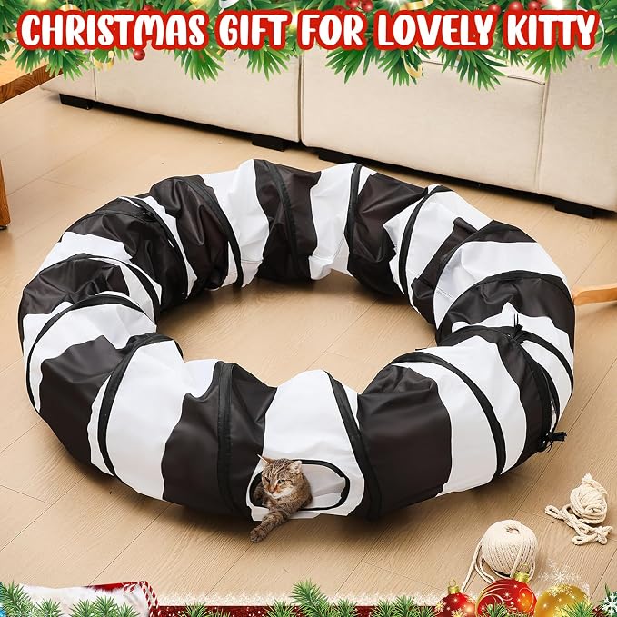 4' x 4' x 11.8'' Cat Tunnel Christmas Tree Skirt Black and White Cat Tunnel Bed Under Christmas Tree 142'' Long Detachable Donut Tube for Indoor Cats Xmas Kitty Cave for Kitten Kitty