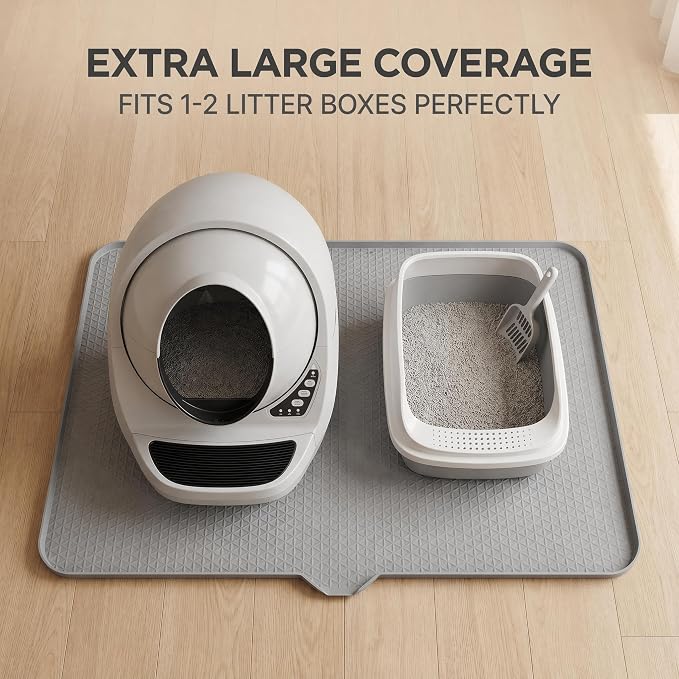 Cat Litter Mat, XL 40"x29.7" Silicone Litter Box Mat, Tilted Drain Spout | Litter Mat Fit 1-2 Boxes, Extra Wide Kitty Litter Mat, Waterproof Urine Proof, Non-Slip, Easy to Clean, High Edge