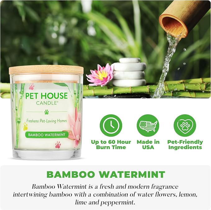 Pet House Candles, Clean Burning, Long Lasting Scented Pet Odor Candles for Home - Bamboo Watermint, Med Sea, 2 Pack