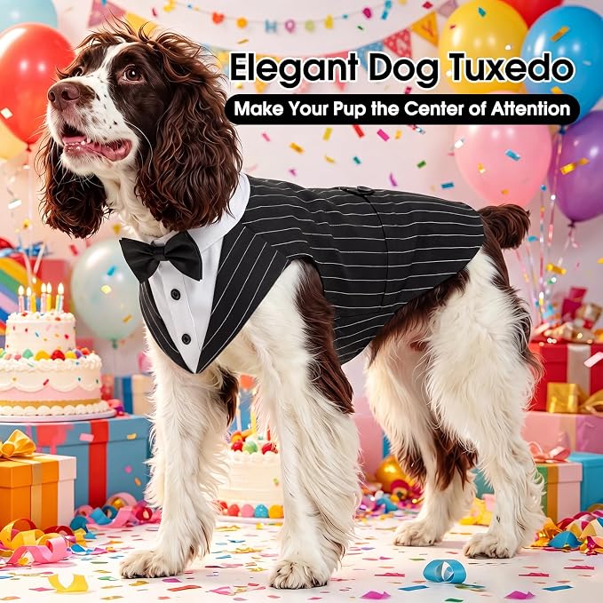 Kuoser Dog Tuxedo, Dog Suit and Bandana Set, Dogs Costume with D-Ring | Formal Dog Outfit with Detachable Bowtie Collar for Wedding, Birthday, Party, Christmas, Halloween, Black Strips L