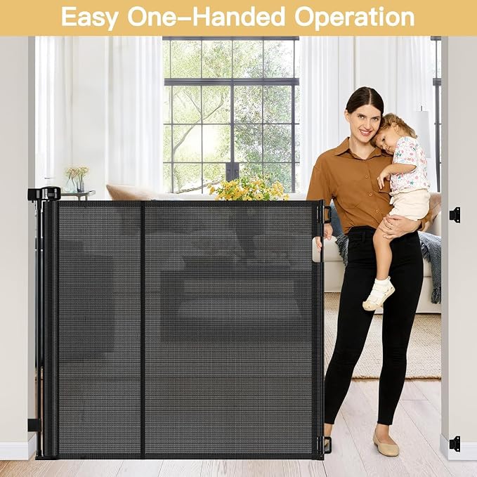 Reinforced 42" Tall Pet Gate 55" Wide Retractable Baby Gate, Indoor/Outdoor | Tall Retractable Dog Gate Prevents Crawling Under, One-Hand Operation Safety Lock, Scratch-Resistant Mesh, Easy Install/Black