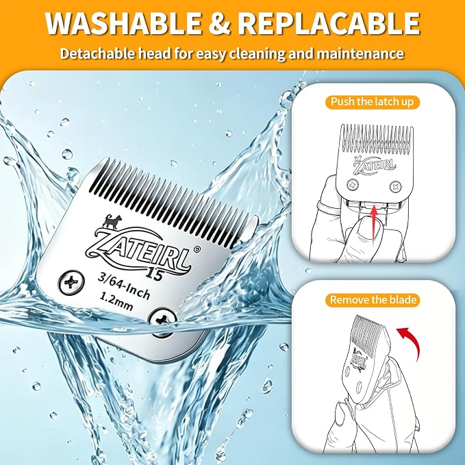 Size 15 Detachable Pet Grooming Clipper Blade with Ceramic Cutter, 1.2mm 3/64 Inch Cut Length, Silver, Compatible with Andis, Oster A5, Wahl KM10, 3 Pack