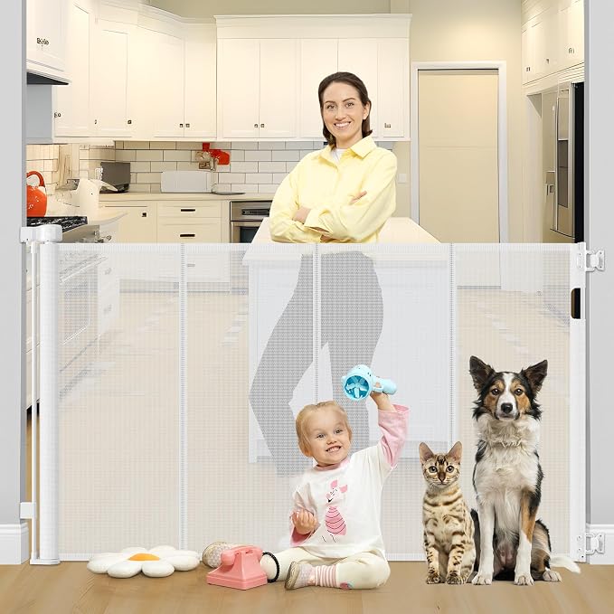 Reinforced 42" Tall X 80" Wide Retractable Baby Gate for Doorway 3.5ft Extra Tall Cat Gate for Stairs Indoor Retractable Baby Gates Extra Wide with Reinforced Bar Mesh Gates for Kids or Pets, White