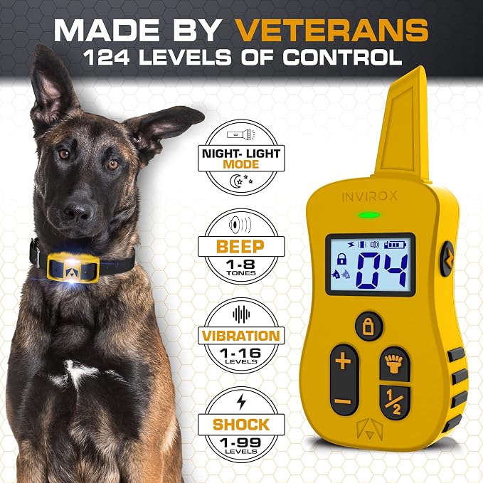 INVIROX Ultra K9 Dog Training Collar, 124 Levels for Reactive, Stubborn or Hard-to-Train Dogs, Long Range ¾ Mile, Night-Light Mode, Safe Communication, IP67 Waterproof E Collar for Large Dogs