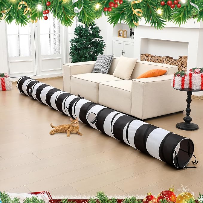 4' x 4' x 11.8'' Cat Tunnel Christmas Tree Skirt Black and White Cat Tunnel Bed Under Christmas Tree 142'' Long Detachable Donut Tube for Indoor Cats Xmas Kitty Cave for Kitten Kitty