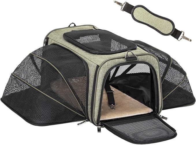 Petsfit Small Double Expandable Cat Carrier for Kittens and Air Travel | 16 x 10 x 9 in; sized for Alaska Airlines, with locking zippers, an interior safety tether and multi-side ventilation.