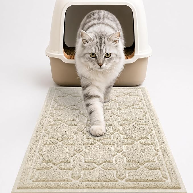 Yimobra Cat Litter Mat, Easy Clean Trapping PVC Mat, 35.4" x 23.6", Waterproof Backing, Non Slip Bottom, Scatter Control Pad for Litter Box, Beige