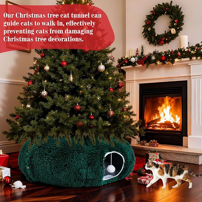 Cat Tunnel Christmas Tree Skirt Large Soft Plush Tunnel Bed Under Christmas Tree for Indoor Cats 36 Circle Donut Tube Bed with Central Mat for Cat Puppy Rabbit Kitten Xmas Gifts(Green)