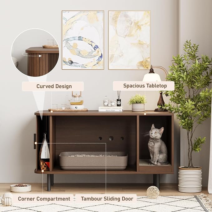 Halitaa 37.4" Cat Litter Box Enclosure with Scratch Pad, Sliding Door | Litter Box Enclosure Furniture Hidden Litter Box, Modern Indoor Cat House, TV Stand, Side End Table for Living Room, Walnut