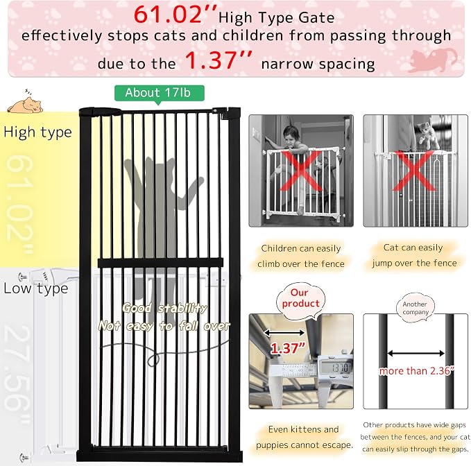 Lumizone 61.02" Extra Tall Pet Gate for Cat Dog 30.12"-59.24" Wide Black | Extra Tall Cat Gate for Doorway Hallway Stairs Pressure Mounted 1.37" Gap No Drilling Auto-Close Dual-Lock