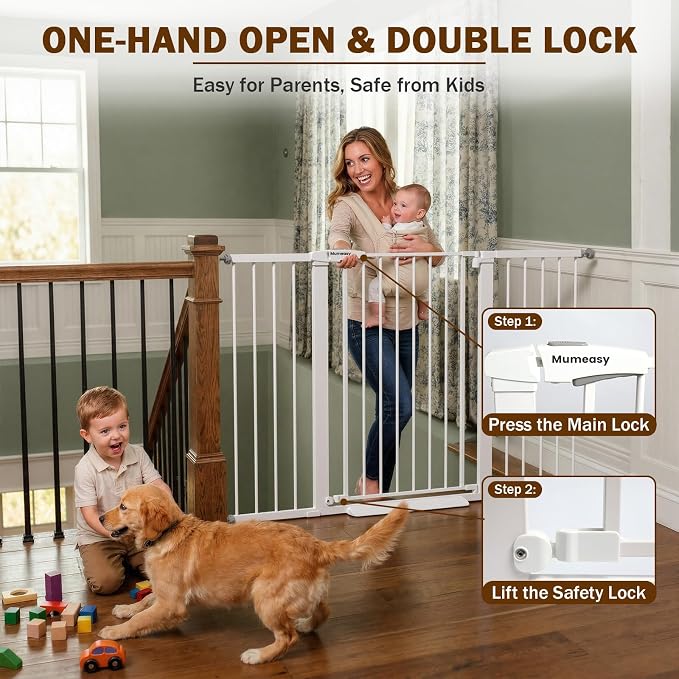 Mumeasy 36" Extra Tall Baby Gate for Doorways, 29.7"-57" Extra Wide Dog Gate for Stairs, Pressure Mounted Auto Close Pet Safety Gate with Easy Walk Thru Door, Large Indoor Child Gate for House, White