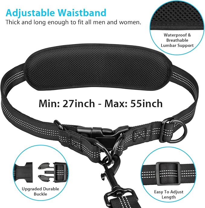 Uppetly Hands Free Dog Running Leash with Adjustable Waist Belt, Dual Handle Elastic Bungees Retractable Rope for Medium and Large Dogs, Reflective Stitches for Walking Hiking Biking (Large, 25-120lb)