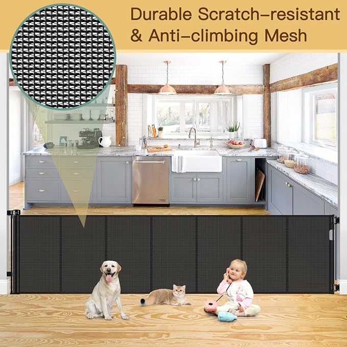 Reinforced Bottom 100 Inch Retractable Baby Gates Extra Wide Baby Gate for Large Openings, 8 ft Super Long Child Gates for Large Openings, Mesh Retractable Dog Gate for Doorways Extra Wide, Black