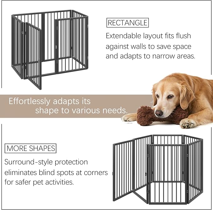 Vantas 120" x 24" Foldable Freestanding Extra Wide Dog Gate with Door,Black | Pet Gate for Stairs and Doorways, Renter Friendly No Drill, Indoor Pet Fence Extra Wide, Easy Storage, With Support Feet