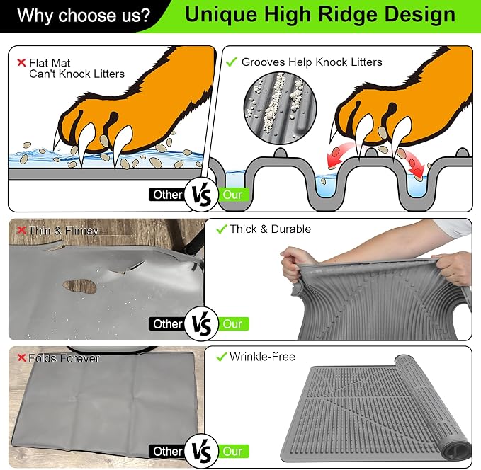 Mofason Silicone Cat Litter Mat XXL, Black Extra Large Litter Matt for Cat | Waterproof 38"x25" kitty litter box mat for floor; extra large pet trapping rug pad mat, cat litter catcher easy clean indoor