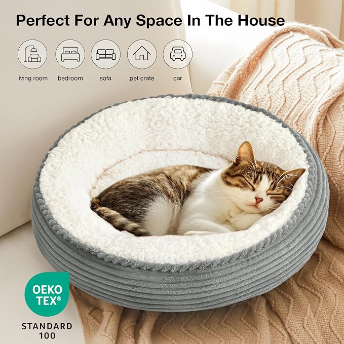 Love's cabin Round Donut Cat and Dog Cushion Bed, 20in Pet Bed for Cats or Small Dogs, Anti-Slip & Water-Resistant Bottom, Super Soft Durable Fabric Pet beds, Washable Luxury Cat Dog Bed Stripe Grey