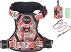 Petmolico No Pull Dog Harness Set with Leash Attachment Easy Control Handle Reflective Harness Vest Small Breed, Puppy Vest and Leash Set with Poop Bag Holder, Small - Boho Floral