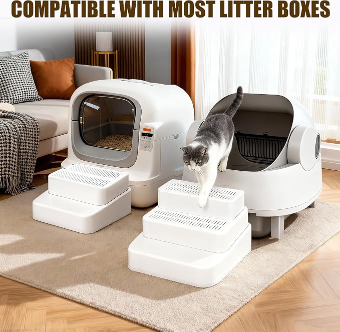 Adjustable 3 Steps Litter Box Ramp with Litter Mat, Cat Litter Box Step with Litter Trapper, Detachable & Non-Slip Cat Stair for Automatic Boxes Small Elderly Cats