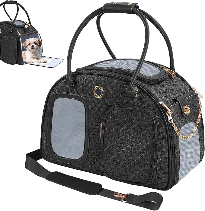 Dog Purse Carrier for Small Dogs, TSA Airline Approved Pet Tote Bag, Fashion Soft-Sided Puppy Carrier Purse with Pockets for Travel, Daily Outings (Black, 16.1inch x 8.7inch x 12inch)