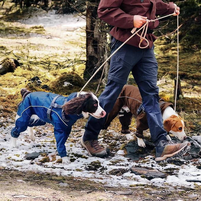Kuoser Waterproof Hooded Dog Raincoat, Full Body Coverage, Brown 3XL | Heavy-duty waterproof material blocks rain thoroughly, Ergonomic fit for free movement, Built-in Harness, reflective strips
