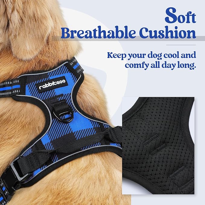 rabbitgoo Dog Harness, No Pull for Large Dogs with 2 Leash Clips, Pet Vest | No Choke with Handle, Adjustable Soft Padded, Reflective, Easy Control for Walking, Blue Plaid, X-Large