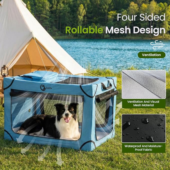 Portable Collapsible Soft Dog Crate for Small Dogs, 26in Blue | Oxford Cloth Travel Camping dog kennel with 4 Mesh Windows & 2 Storage Pockets,for Indoor & Outdoor Use