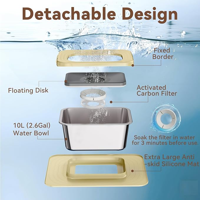 10L No Spill Dog Water Bowl, 2.6 Gal Stainless Steel No Splash Large Dog Water Bowl with Non-Slip Silicone Mat, Spill Proof Slow Drinking Pet Bowls for Messy Drinkers Indoor/Outdoor Use Beige