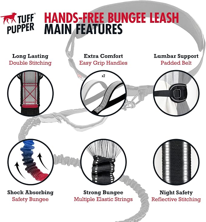 Tuff Pupper Hands Free Bungee Dog Leash, Waist Belt for Running & Walking | Heavy Duty for One Large Dog up to 125 lb, Shock Absorbing with Lumbar Support & Reflective Padded Handles for Jogging