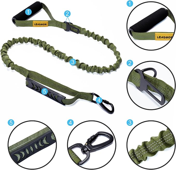 6FT Highly Reflective Heavy Duty Elastic Bungee Medium and Large Dog Leash Shock Absorbing with Comfortable Padded Handle and Traffic Handle Suitable for Training