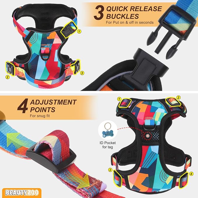 BEAUTYZOO No Pull Dog Harness Medium,Adjustable Dog Harness and Leash Set -Easy Wearing with 3 Buckles/Control Handle,No Choke Soft Padded Reflective Pet Vest for Training Walking Hiking, M