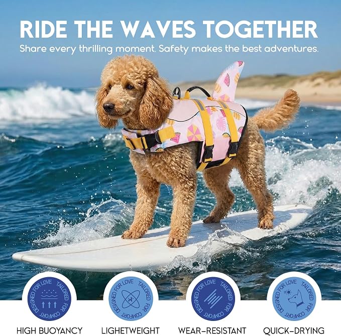 ASENKU Dog Life Jacket - Pet Safety Vest for Swimming & Boating, Shark Life Jacket with Floatation, Dog Lifesavers Swimsuits for Small Medium Large Dogs (Summerpink, XL)
