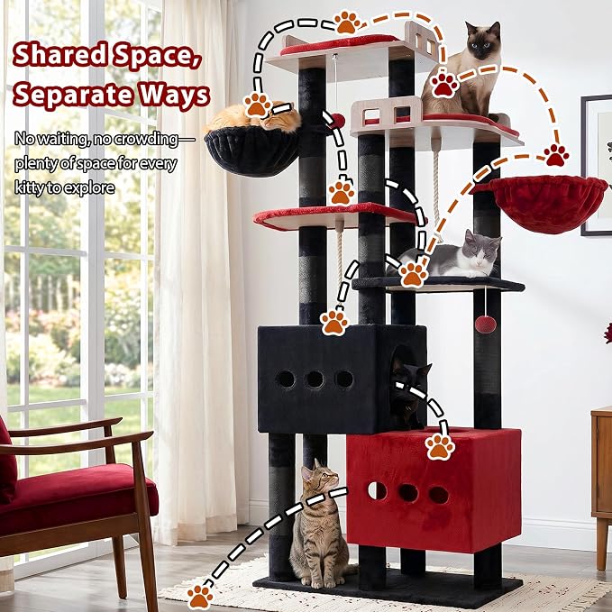Gitelsnour Sturdy Cat Tree Tower with 2 Large Condos, 4 Big Perchs GCT039BR | 74.8" Sturdy Cat Furniture for Indoor Cats Large Adult with 2 Cozy Cat Baskets, Sisal Scratching Posts & Toys, Black and Red