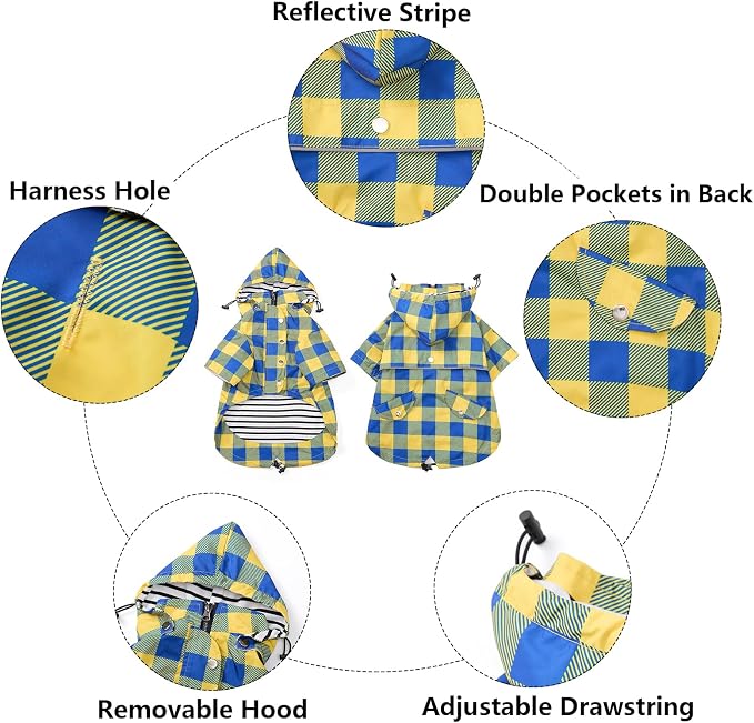 Dog rain Coat Waterproof Raincoat Puppy Jacket with Legs Buttons Zipper Hood Drawstring Fit for Yorkie Terrier Schnauzer Poodle Border Collie Labrador Golden Retriever 8lbs to 80lbs Yellow L