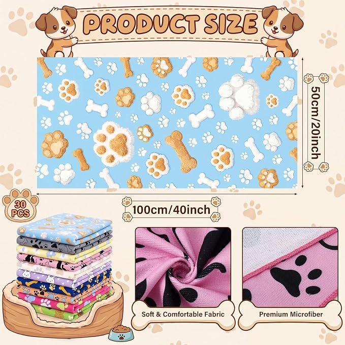 30 Pcs Dog Towels for Drying, 20"x40" Quick Drying Microfiber Pet Bath Towel, Dog Grooming Absorbent Towel with Cute Pattern, Soft Bathrobe for Large Medium Small Puppy Cat