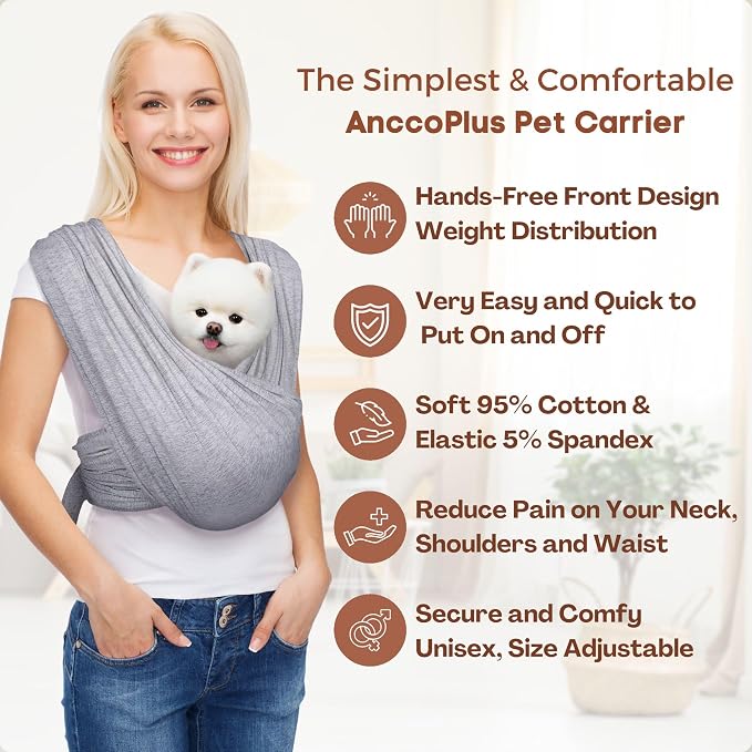 Dog Carrier for Small Dogs, Front Facing Dog Carrier Sling, Hands Free Cat Sling, Size Adjustable, Reducing Back Pain, Soft Cotton, Premium Dog Sling Carrier (Plus, Heather Gray) | Patented Front Carrier Reduces Back and Neck Strain; Adjustable, Soft C...