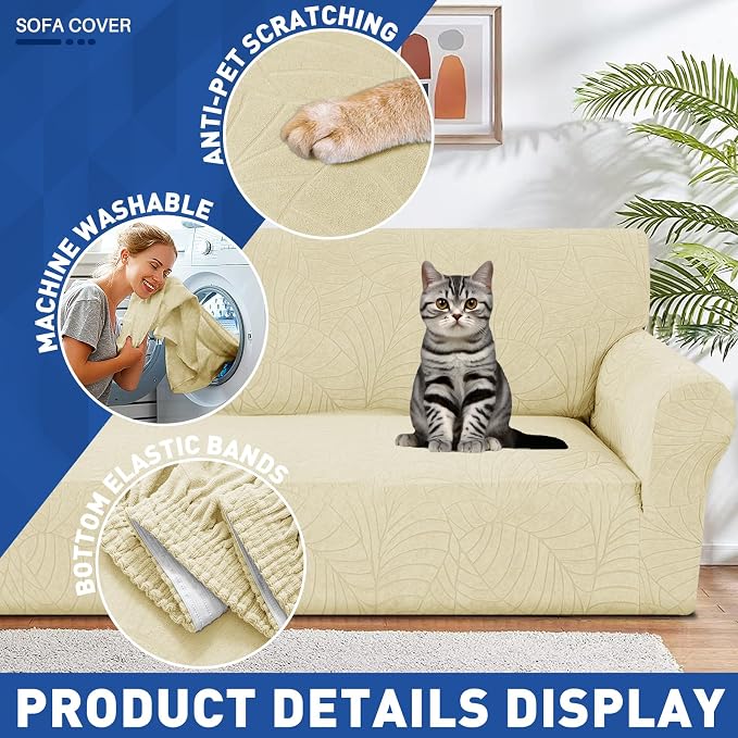 YEMYHOM Couch Cover Latest Jacquard Design High Stretch Sofa Covers for 3 Cushion Couch, Pet Dog Cat Proof Slipcover Non Slip Magic Elastic Furniture Protector (Large, Begonia Leaf Beige)