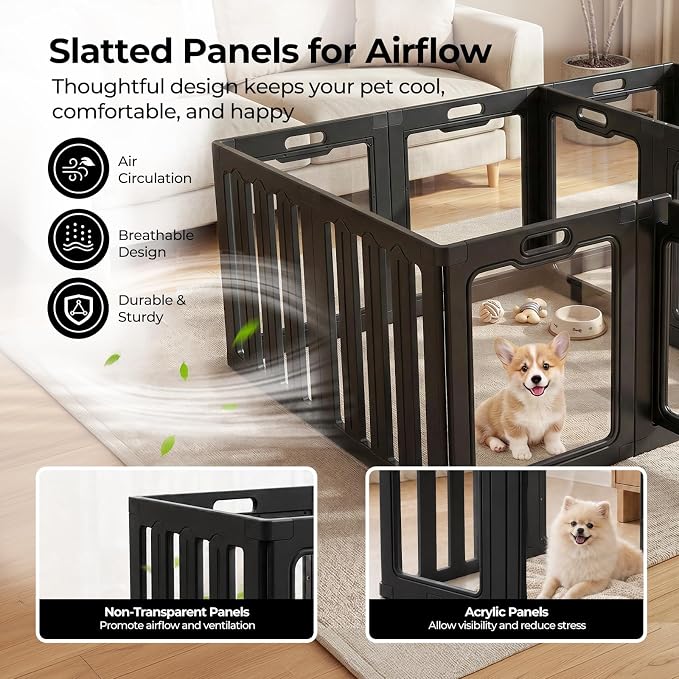 Soulbond Acrylic Dog Playpen Indoor with Partition(24 Inch,Black,12 Panels) | Non-Slip,Tool-Free Assembly, External Door Lock Play Pen for Puppies and Small Dogs with 2 Doors