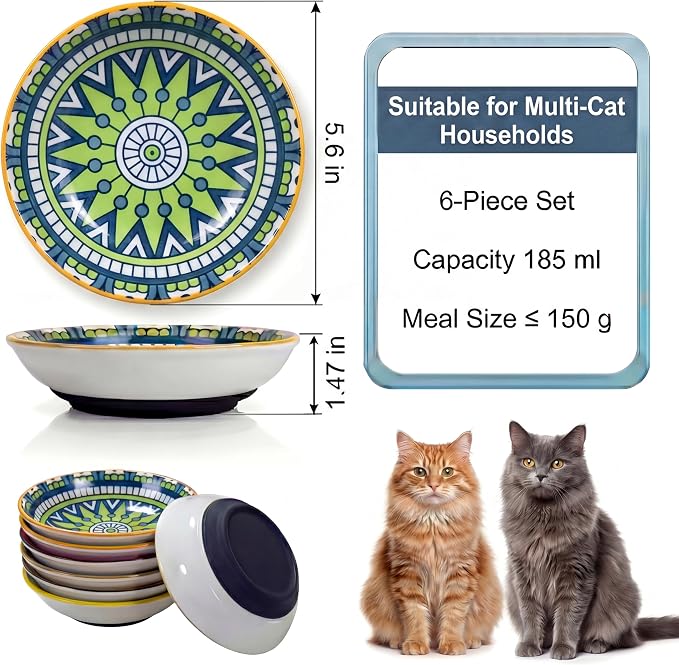 Ceramic Cat Food Bowls 6 Pack – Shallow Cat Bowl with Non-Slip Silicone Base, Whisker-Fatigue Dishes for Indoor Cats Puppy – Microwave Dishwasher Safe – 5.3 oz Cute Pet Plates for Wet Dry Food Water