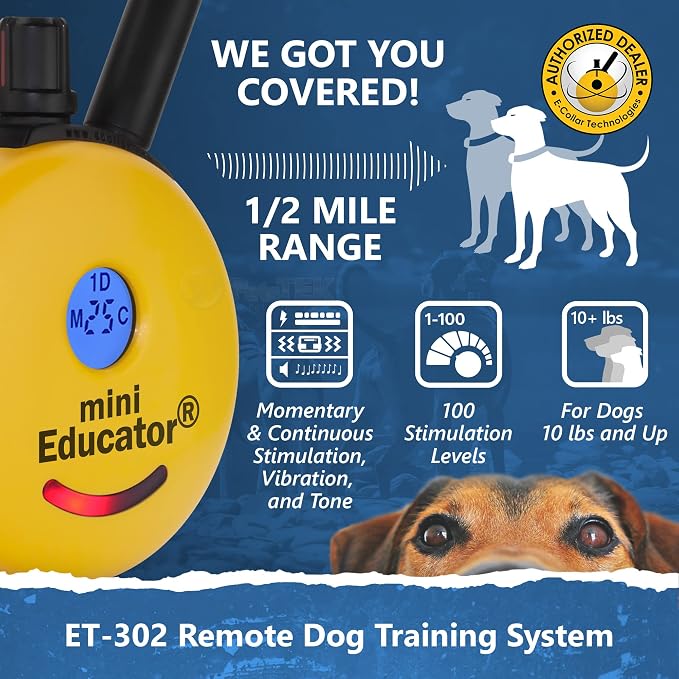 Educator ET-302 Mini E Collar for Dog Training with Remote - 1/2 Mile Range, Waterproof, 100 Blunt Stimulation Levels, Tone or Vibration Mode, Night Light for Small, Medium & Large Dogs (2 Dogs)