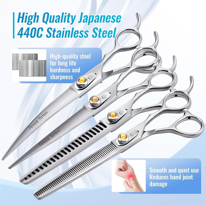 Fenice Professional Dog Grooming Scissors: Shears Set for Dogs Trimming Made Of Japanese 440C Stainless Steel Yellow Diamond
