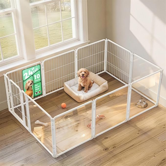 FXW AuraSpace Pro Acrylic & Wire Mesh Indoor Dog Playpen, 24" H, 10 Panels | Clear View, Heavy-duty Metal, Flexible Layouts, Easy Walk-Through, For Puppies & Small Dogs, Patented