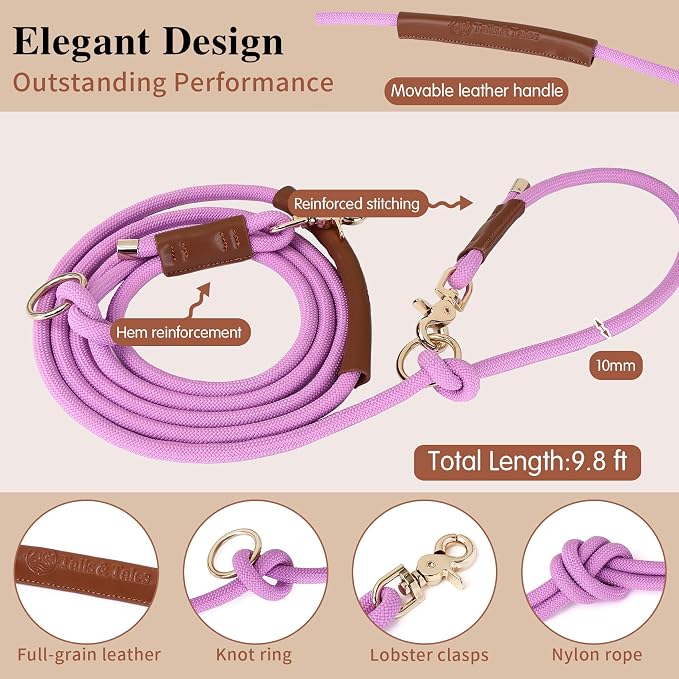 Hands Free Multifunctional Dog Leash for 1 or 2 Dogs, 9.8 ft, Opera Mauve | Waist, crossbody, or handheld lead with leather handle to walk run hike train. Double attachments for 2 dogs up to 125lbs.