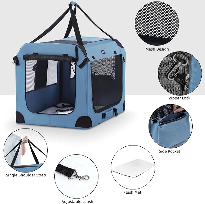 Petprsco Collapsible Dog Crate, 40 inch Portable Dog Crates for Large Dogs | Large Soft Foldable Dog Crate & Kennel for Travel, 3-Door with Sturdy Steel Frame & Durable Mesh Windows, Indoor/Outdoor